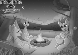 Size: 5000x3535 | Tagged: safe, artist:madelinne, derpibooru import, campfire, commission, guitar, lake, moon, musical instrument, nature, night, playing guitar, singing, sketch, stars, tent, tree, water, your character here