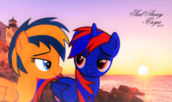 Size: 3037x1809 | Tagged: safe, artist:stephen-fisher, derpibooru import, oc, oc only, oc:flare spark, oc:stephen (stephen-fisher), alicorn, pegasus, alicorn oc, female, horn, irl, male, photo, sail away, smiling, sunset, tropical ponies, wings