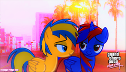 Size: 1643x945 | Tagged: safe, artist:stephen-fisher, derpibooru import, oc, oc only, oc:flare spark, oc:stephen (stephen-fisher), alicorn, pegasus, pony, alicorn oc, city, female, grand theft auto, grand theft auto vice city, horn, male, smiling, vice city, wings