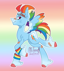 Size: 2408x2651 | Tagged: safe, artist:mitexcel, derpibooru import, rainbow dash, pegasus, pony, g4, alternate design, bandaid, bandaid on nose, blue coat, concave belly, female, goggles, gradient background, gradient hooves, magenta eyes, mare, mohawk, multicolored hair, rainbow background, rainbow hair, redesign, short mane, short tail, solo, sweatband, tail