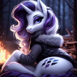 Size: 1024x1024 | Tagged: safe, ai content, machine learning generated, rarity, pony, unicorn, alternate cutie mark, alternate hairstyle, bing, campfire, camping, clothed ponies, clothes, female, fluffy, lidded eyes, looking at you, looking back, looking back at you, mare, sitting, solo, tree, winter outfit