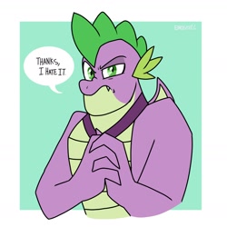 Size: 1414x1414 | Tagged: safe, artist:emositecc, derpibooru import, spike, dragon, g4, the last problem, 2020, adult, adult spike, dialogue, gigachad spike, male, muscles, muscular, muscular male, older, older spike, reaction image, solo, thanks i hate it