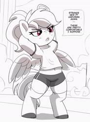 Size: 2289x3087 | Tagged: safe, artist:pabbley, derpibooru import, rainbow dash, pegasus, pony, g4, alternate hairstyle, annoyed, belly button, bipedal, black and white, clothes, cute, dashabetes, eyebrows, eyebrows visible through hair, female, grayscale, hooves behind head, mare, midriff, monochrome, partial color, ponytail, shirt, shorts, simple background, solo, speech bubble, white background