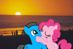 Size: 1106x742 | Tagged: safe, artist:williamsvenancio, derpibooru import, pinkie pie, oc, oc:william, earth pony, pony, 1000 hours in ms paint, beach, canon x oc, female, irl, kissing, male, ocean, photo, san bernardo, straight, sunset, water