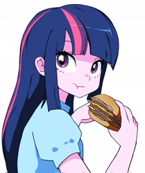 Size: 1713x2048 | Tagged: safe, artist:cheesesauce_45, derpibooru import, twilight sparkle, human, equestria girls, g4, :t, burger, cheeseburger, eating, female, food, hamburger, looking back, simple background, solo, that pony sure does love burgers, twilight burgkle, white background