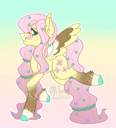 Size: 828x911 | Tagged: safe, artist:mitexcel, derpibooru import, fluttershy, pegasus, pony, g4, alternate design, cloven hooves, colored wings, concave belly, ear fluff, ears, female, flower, flower in hair, freckles, gradient background, green eyes, long mane, long tail, mare, pink mane, pink tail, pretty, raised hoof, raised leg, redesign, side view, solo, spread wings, tail, wavy mouth, wings