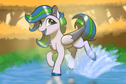 Size: 3072x2048 | Tagged: safe, artist:maonyman, derpibooru import, oc, oc only, oc:puddle jump, pegasus, pony, /mlp/, background, chest fluff, colored hooves, colored wings, ear fluff, ears, female, folded wings, grass, hopping, leaves, lighting, mare, open mouth, pond, puddle, secret santa, shading, shiny hoof, smiling, solo, splash, splashing, striped mane, striped tail, sunlight, tail, tree, two toned hair, two toned mane, two toned tail, two toned wings, water, wings