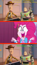 Size: 749x1318 | Tagged: safe, artist:disneyponyfan, derpibooru import, pinkie pie, equestria girls, g4, buzz lightyear, disney, kidding, pixar, toy, toy story, woody