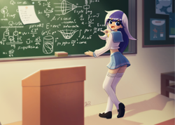 Size: 1688x1200 | Tagged: safe, artist:howxu, derpibooru import, minuette, human, g4, alternate hairstyle, ass, butt, chalk, chalkboard, clothes, commission, cute, female, humanized, math, midriff, minubetes, open mouth, school uniform, schrödinger's pantsu, shirt, shoes, skirt, socks, solo, stockings, thigh highs