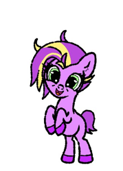 Size: 338x472 | Tagged: safe, artist:scandianon, derpibooru import, oc, oc only, oc:cutie bear, female, filly, foal, hooves, looking at you, open mouth, open smile, rearing, simple background, smiling, smiling at you, white background