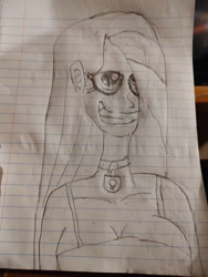 Size: 828x1104 | Tagged: safe, artist:pinkamenafan1243, derpibooru import, oc, oc:obsidian pie, human, breasts, choker, cleavage, clothes, creepy, creepy smile, humanized, lined paper, lock, obsidian pie, sketch, smiling, solo, thousand yard stare, traditional art