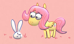 Size: 1820x1093 | Tagged: safe, artist:punkittdev, derpibooru import, angel bunny, fluttershy, pegasus, pony, rabbit, g4, animal, duo, female, film grain, looking at each other, looking at someone, male, mare, pink background, simple background