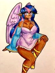 Size: 3024x4032 | Tagged: safe, artist:mylittleyuri, derpibooru import, twilight sparkle, twilight sparkle (alicorn), alicorn, human, g4, breasts, cleavage, clothes, dark skin, detached sleeves, dress, elf ears, eyebrows, eyebrows visible through hair, hand on knee, hand on leg, headlight sparkle, high res, horn, horned humanization, humanized, looking at you, smiling, smiling at you, solo, traditional art, winged humanization, wings