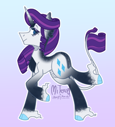 Size: 2408x2651 | Tagged: safe, artist:mitexcel, derpibooru import, rarity, classical unicorn, pony, unicorn, g4, alternate design, blue eyes, cloven hooves, concave belly, gradient background, hoof fluff, horn, leonine tail, long mane, long tail, purple mane, purple tail, redesign, solo, tail, unshorn fetlocks, white coat