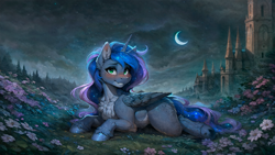 Size: 4080x2304 | Tagged: safe, ai content, derpibooru import, machine learning generated, princess luna, alicorn, pony, g4, blue fur, blue hair, blue skin, blushing, butt, butt fluff, castle, chest fluff, dock, ear fluff, ears, female, flower, fluffy, garden, green eyes, high res, horn, looking at you, lying down, lying on the ground, mare, moon, outdoors, plot, prompter:kalmar, prone, solo, tail, wallpaper, wings
