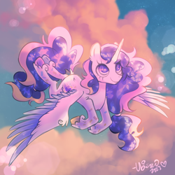 Size: 2000x2000 | Tagged: safe, artist:ubizozo, derpibooru import, oc, oc only, alicorn, pony, alicorn oc, colored wings, female, flying, horn, mare, multicolored wings, solo, unshorn fetlocks, wings