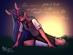 Size: 1600x1200 | Tagged: safe, artist:ubizozo, derpibooru import, twilight sparkle, human, g4, aeroplanes and meteor showers, airplanes (song), blazer, clothes, curved horn, eared humanization, female, horn, horned humanization, humanized, meme, school uniform, sitting, skirt, solo, stars, sunset
