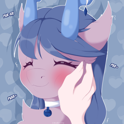 Size: 3500x3500 | Tagged: safe, artist:chura chu, derpibooru import, oc, oc:blubbery bell, earth pony, human, pony, behaving like a cat, bell, bell collar, blushing, bust, chest fluff, collar, coral, cute, female, hand, horns, human on pony petting, mare, petting, portrait, purring, shy, smiling, solo