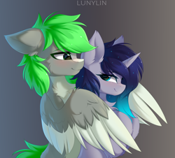 Size: 2116x1916 | Tagged: safe, artist:lunylin, derpibooru import, oc, oc only, oc:emerald stonesetter, oc:stardust splash, pegasus, unicorn, aeroverse, blushing, couple, cuddling, female, gradient background, hug, looking at each other, looking at someone, male, mare, oc x oc, shipping, spooning, stallion, winghug, wings