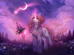 Size: 4000x3000 | Tagged: safe, artist:sweettsa1t, derpibooru import, oc, oc only, pony, unicorn, clothes, commission, crescent moon, female, flower, forest, hair accessory, jewelry, magic, mare, meadow, moon, nature, necklace, shirt, shooting star, telekinesis, tree