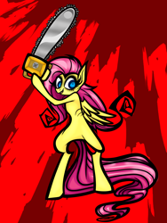 Size: 1620x2160 | Tagged: safe, artist:coffeefueledchainsaw, derpibooru import, fluttershy, pegasus, pony, g4, .mov, abstract background, bipedal, chainsaw, female, mare, shed.mov, solo