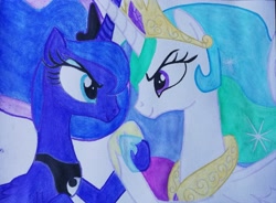 Size: 2901x2139 | Tagged: safe, derpibooru import, princess celestia, princess luna, alicorn, pony, between dark and dawn, g4, season 9, spoiler:s09, colored, colored pencil drawing, duo, female, flat colors, holding hooves, hoof shoes, hoofshake, jewelry, mare, regalia, royal sisters, siblings, sisters, traditional art, watercolor painting
