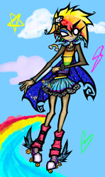 Size: 1248x2112 | Tagged: safe, artist:coffeefueledchainsaw, derpibooru import, rainbow dash, human, g4, clothes, emo, female, humanized, rainbow, roller skates, skates, skirt, solo, spiked wristband, toy, wristband