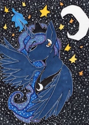 Size: 1580x2224 | Tagged: safe, artist:coffeefueledchainsaw, derpibooru import, princess luna, alicorn, pony, g4, crescent moon, eyebrows, eyebrows visible through hair, eyes closed, female, jewelry, magic, mare, moon, peytral, regalia, solo, stars, traditional art