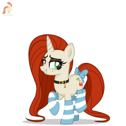 Size: 3000x3000 | Tagged: safe, artist:r4hucksake, derpibooru import, oc, oc only, oc:cherry smoothie, pony, unicorn, base used, bell, bell collar, bipedal, blushing, bow, clothes, collar, eyeshadow, horn, long mane, long tail, looking at you, makeup, mascara, simple background, smiling, smiling at you, socks, solo, striped socks, tail, tail bow, transparent background