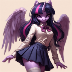 Size: 2048x2048 | Tagged: safe, ai content, derpibooru import, generator:bing image creator, machine learning generated, twilight sparkle, twilight sparkle (alicorn), alicorn, anthro, g4, blouse, clothes, miniskirt, prompter needed, school uniform, skirt, solo