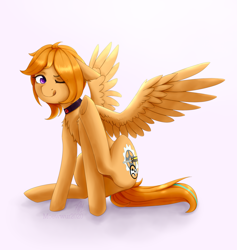 Size: 1800x1900 | Tagged: safe, artist:moewwur, artist:rin-mandarin, derpibooru import, oc, oc only, oc:limta, pegasus, pony, behaving like a cat, chest fluff, collar, ear scratch, ginger hair, pegasus wings, pony town, purple eyes, scratches, scratching, simple background, sitting, spread wings, wings, yellow mane