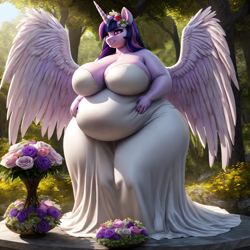 Size: 1024x1024 | Tagged: safe, ai content, derpibooru exclusive, derpibooru import, generator:stable diffusion, machine learning generated, twilight sparkle, twilight sparkle (alicorn), alicorn, anthro, g4, bbw, big breasts, breasts, bride, clothes, dress, fat, floral head wreath, flower, headlight sparkle, huge breasts, morbidly obese, obese, outdoors, prompter:professordoctorc, thighs, thunder thighs, twilard sparkle, wedding dress, white dress, wide hips