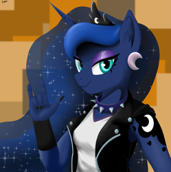 Size: 2153x2160 | Tagged: safe, artist:leddaq, derpibooru import, princess luna, anthro, g4, bracer, clothes, collar, devil horn (gesture), ear piercing, earring, jewelry, leather, leather vest, looking at you, piercing, smiling, solo, spiked collar, vest