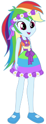 Size: 1280x3456 | Tagged: safe, artist:octosquish7260, derpibooru import, rainbow dash, human, equestria girls, g4, bare shoulders, clothes, cute, dashabetes, dress, female, flower, flower girl, flower girl dress, flower in hair, humanized, open mouth, open smile, rainbow dash always dresses in style, simple background, skirt, sleeveless, smiling, solo, transparent background, younger