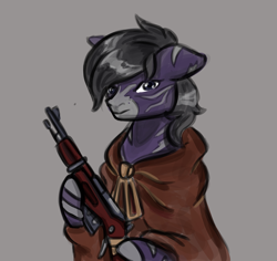 Size: 2221x2101 | Tagged: safe, artist:devorierdeos, derpibooru import, oc, oc:shiro, hybrid, pony, zony, fallout equestria, bust, gun, mosin, mosin nagant, portrait, raincoat, shy, simple background, weapon, zony oc