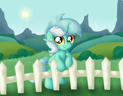 Size: 3568x2795 | Tagged: safe, artist:background basset, derpibooru import, lyra heartstrings, pony, unicorn, g4, bipedal, cute, female, fence, looking at you, lyrabetes, mare, smiling, smiling at you, solo, standing, sun