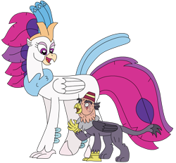 Size: 2528x2350 | Tagged: safe, artist:supahdonarudo, derpibooru import, grampa gruff, queen novo, classical hippogriff, griffon, hippogriff, g4, my little pony: the movie, hat, looking at each other, looking at someone, scar, simple background, size difference, transparent background, walking