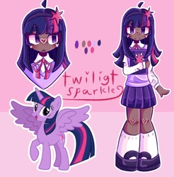 Size: 1280x1300 | Tagged: safe, artist:dangan0fan, derpibooru import, twilight sparkle, twilight sparkle (alicorn), alicorn, human, pony, g4, book, clothes, cute, dark skin, female, flats, humanized, mare, open mouth, raised hoof, raised leg, reference sheet, shirt, shoes, skirt, socks, solo, stockings, sweater vest, thigh highs, twiabetes