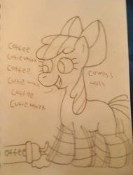 Size: 730x960 | Tagged: safe, artist:denturepony, derpibooru import, apple bloom, earth pony, pony, g4, coffee, female, filly, foal, grin, smiling, solo, text, traditional art