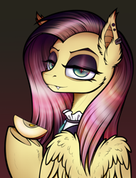 Size: 1300x1700 | Tagged: safe, artist:jehr, derpibooru import, fluttershy, pegasus, pony, undead, vampire, fake it 'til you make it, g4, apple, apple slice, clothes, commission, ear piercing, earring, eyebrows, eyeshadow, fangs, female, fluttergoth, food, goth, halloween, holding hooves, holiday, jewelry, lidded eyes, lineart, looking at you, makeup, mare, pendant, piercing, pink hair, pink mane, simple background, solo, underhoof, wings