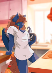 Size: 2480x3508 | Tagged: safe, artist:arctic-fox, derpibooru import, oc, oc only, oc:warly, anthro, bat pony, bat wings, coffee, coffee mug, kitchen, male, morning, mug, sleepy, solo, wings