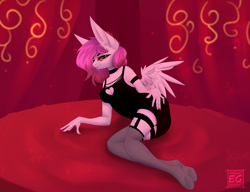 Size: 2240x1716 | Tagged: safe, artist:elektra-gertly, derpibooru import, oc, oc only, oc:ellie berryheart, anthro, pegasus, ass, bed, bedroom, black dress, bracelet, butt, clothes, dress, erotica, eyeshadow, flower, flower in hair, glasses, jewelry, lipstick, long ears, long eyelashes, looking at you, makeup, manicure, pink lipstick, purple eyeshadow, red background, romantic, simple background, smiling, smiling at you, solo, stockings, thigh highs, wings