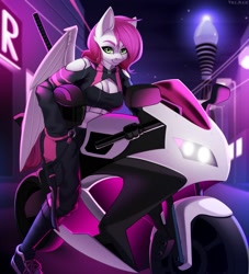 Size: 1964x2160 | Tagged: safe, artist:villjulie, derpibooru import, oc, oc only, oc:ellie berryheart, anthro, pegasus, anthro oc, big breasts, biker, breasts, busty oc, city, clothes, costume, cyberpunk, ear fluff, ears, eyebrows, female, folded wings, future, green eyes, helmet, high res, katana, looking at you, motorbike, motorcycle, neon, night, pegasus oc, purple, signature, smiling, smiling at you, solo, sword, weapon, wings