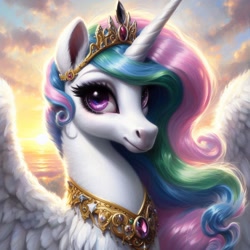 Size: 1024x1024 | Tagged: safe, ai content, machine learning generated, princess celestia, alicorn, pony, bing, bust, female, looking at you, mare, regalia, solo, sunrise, wing fluff