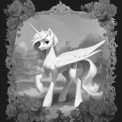 Size: 768x768 | Tagged: safe, ai content, generator:stable diffusion, machine learning generated, oc, oc:amor adelphos, alicorn, alicorn oc, black and white, grayscale, male, monochrome