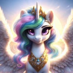 Size: 1024x1024 | Tagged: safe, ai content, machine learning generated, princess celestia, alicorn, pony, bing, bust, female, fluffy, looking at you, mare, regalia, solo, spread wings, sunrise, wing fluff