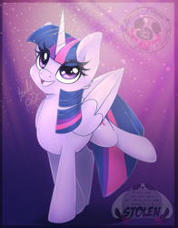 Size: 1940x2480 | Tagged: safe, artist:bloody-pink, derpibooru import, twilight sparkle, twilight sparkle (alicorn), alicorn, pony, g4, 2022, cute, eye clipping through hair, female, folded wings, high res, horn, mare, open mouth, open smile, raised leg, signature, smiling, solo, twiabetes, watermark, wings