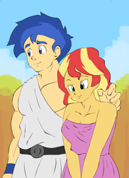 Size: 2500x3431 | Tagged: safe, artist:studiodraw, derpibooru import, flash sentry, sunset shimmer, human, equestria girls, g4, dragon ball, dragon ball z, female, flashimmer, male, shipping, straight