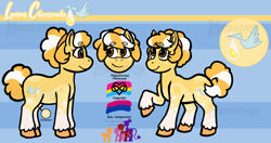 Size: 5260x2769 | Tagged: safe, artist:manticorpse, derpibooru import, oc, oc:lemon cheesecake, earth pony, pony, backstory, brown eyes, character design, curly hair, curly mane, curly tail, cutie mark, earth pony oc, female, headband, mare, orange mane, pansexual pride flag, polyamory, pride, pride flag, reference sheet, solo, spots, spotted, striped mane, tail, unshorn fetlocks, yellow coat