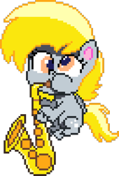 Size: 640x940 | Tagged: safe, artist:chssam, derpibooru import, derpy hooves, pegasus, pony, g4.5, my little pony: pony life, the comet section, spoiler:pony life s02e03, cute, derpabetes, female, manepxls, mare, musical instrument, pixel art, puffy cheeks, pxls.space, saxophone, simple background, solo, transparent background